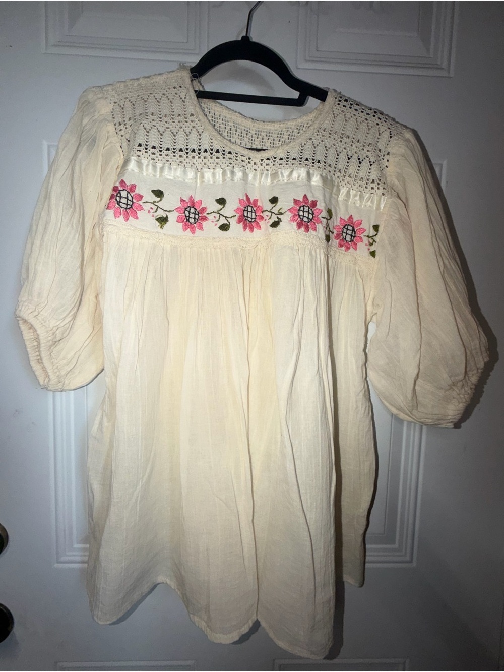 Cream Peasant Tunic with Pink Floral Embroidery
